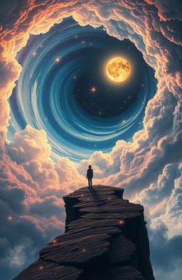 A lone figure standing at the edge of a surreal cliff or ancient, crumbling pathway, looking small yet determined as they gaze up into a vast, spiraling sky filled with glowing celestial elements