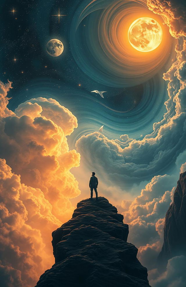 A lone figure standing at the edge of a surreal cliff or ancient, crumbling pathway, looking small yet determined as they gaze up into a vast, spiraling sky filled with glowing celestial elements