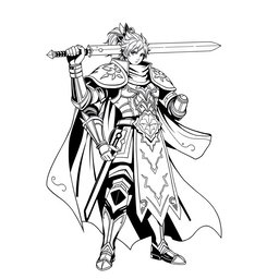A majestic human Paladin character in an anime style, designed specifically for thermal printing, depicted in a striking greyscale color palette