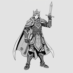 A majestic human Paladin character in an anime style, designed specifically for thermal printing, depicted in a striking greyscale color palette