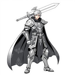 A majestic human Paladin character in an anime style, designed specifically for thermal printing, depicted in a striking greyscale color palette