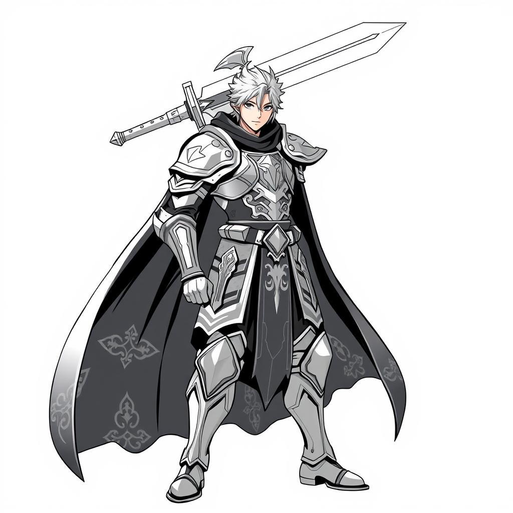 A majestic human Paladin character in an anime style, designed specifically for thermal printing, depicted in a striking greyscale color palette