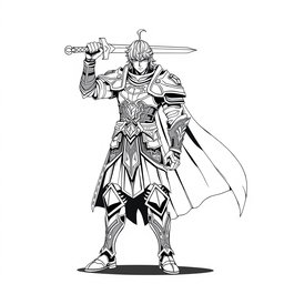 A majestic human Paladin character in an anime style, designed specifically for thermal printing, depicted in a striking greyscale color palette