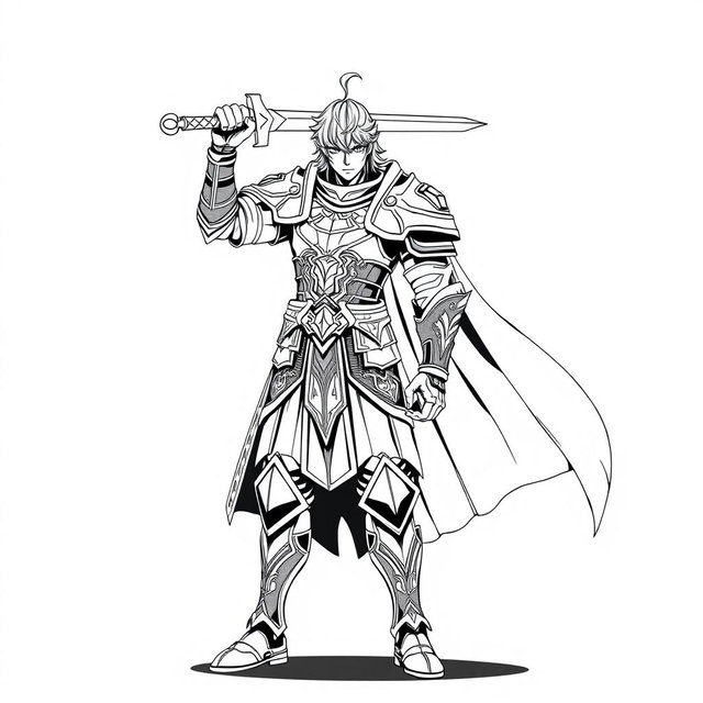 A majestic human Paladin character in an anime style, designed specifically for thermal printing, depicted in a striking greyscale color palette