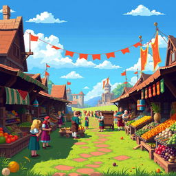 An intricate and vibrant pixel art scene depicting a bustling medieval market filled with colorful stalls selling various goods