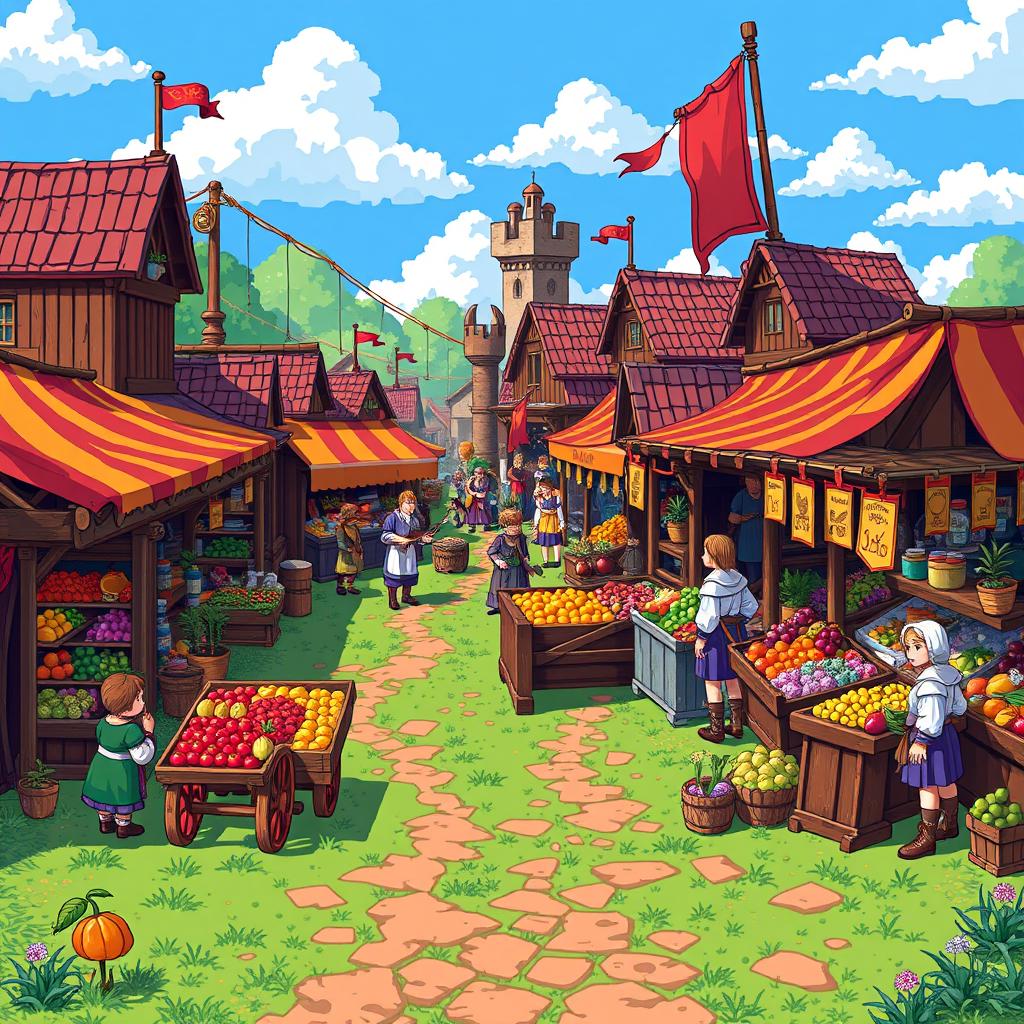 An intricate and vibrant pixel art scene depicting a bustling medieval market filled with colorful stalls selling various goods