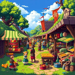 An intricate and vibrant pixel art scene depicting a bustling medieval market filled with colorful stalls selling various goods