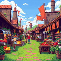 An intricate and vibrant pixel art scene depicting a bustling medieval market filled with colorful stalls selling various goods