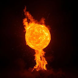 A large, glowing fireball radiating intense orange and yellow hues, with flames licking outward and illuminating the dark background