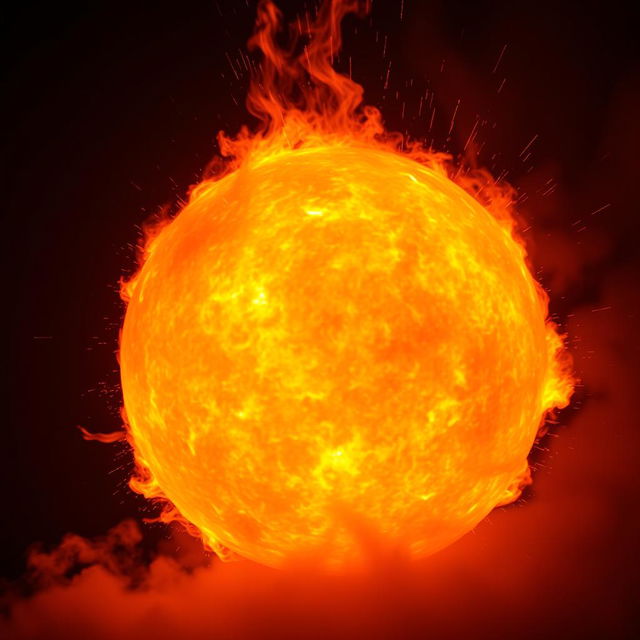 A large, glowing fireball radiating intense orange and yellow hues, with flames licking outward and illuminating the dark background