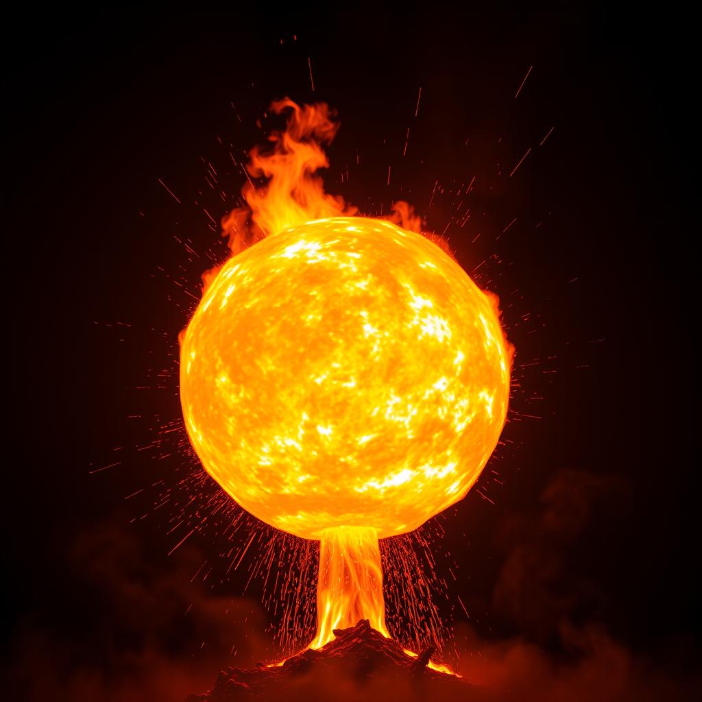A large, glowing fireball radiating intense orange and yellow hues, with flames licking outward and illuminating the dark background