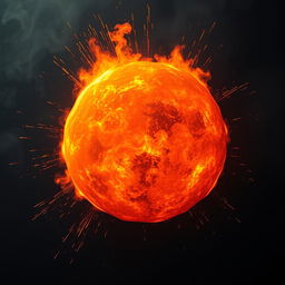 A large, glowing fireball radiating intense orange and yellow hues, with flames licking outward and illuminating the dark background
