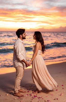 A romantic scene featuring a beautiful sunset on a beach, with two lovers holding hands and gazing into each other’s eyes