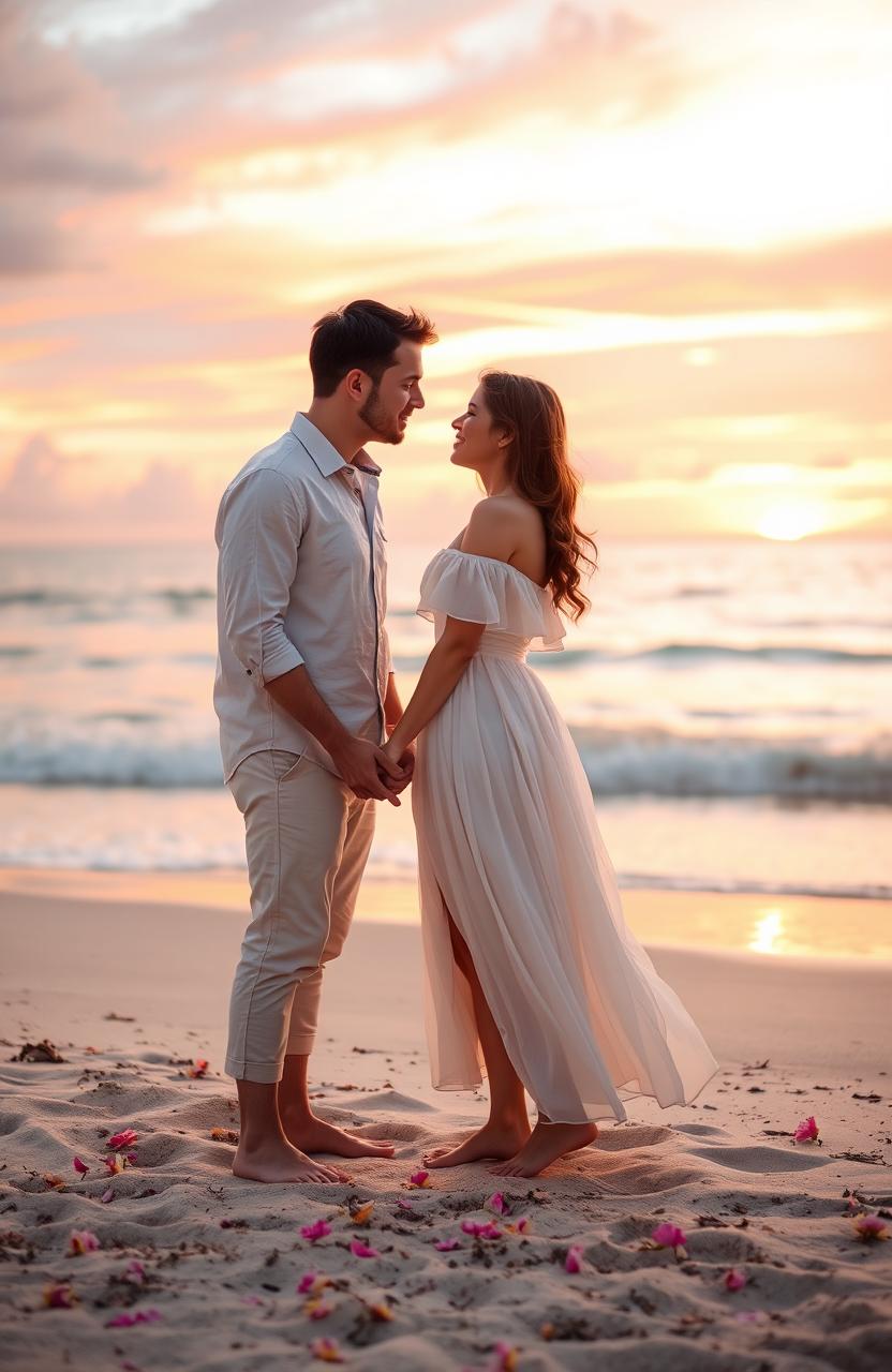 A romantic scene featuring a beautiful sunset on a beach, with two lovers holding hands and gazing into each other’s eyes