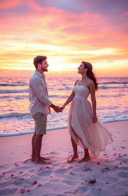 A romantic scene featuring a beautiful sunset on a beach, with two lovers holding hands and gazing into each other’s eyes