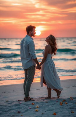A romantic scene featuring a beautiful sunset on a beach, with two lovers holding hands and gazing into each other’s eyes