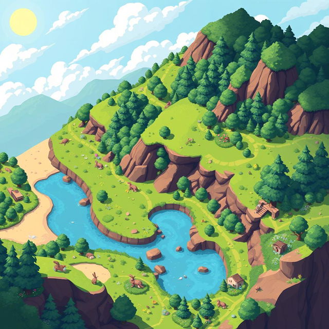A detailed and colorful 2D pixel art terrain featuring a lush landscape with rolling hills, dense forests, and a winding river