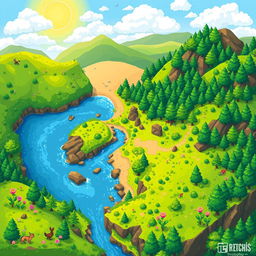 A detailed and colorful 2D pixel art terrain featuring a lush landscape with rolling hills, dense forests, and a winding river