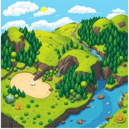 A detailed and colorful 2D pixel art terrain featuring a lush landscape with rolling hills, dense forests, and a winding river