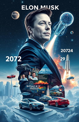 An inspiring depiction of Elon Musk, illustrating his journey from a visionary entrepreneur to a leading figure at the forefront of technology and innovation