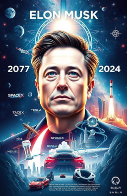 An inspiring depiction of Elon Musk, illustrating his journey from a visionary entrepreneur to a leading figure at the forefront of technology and innovation