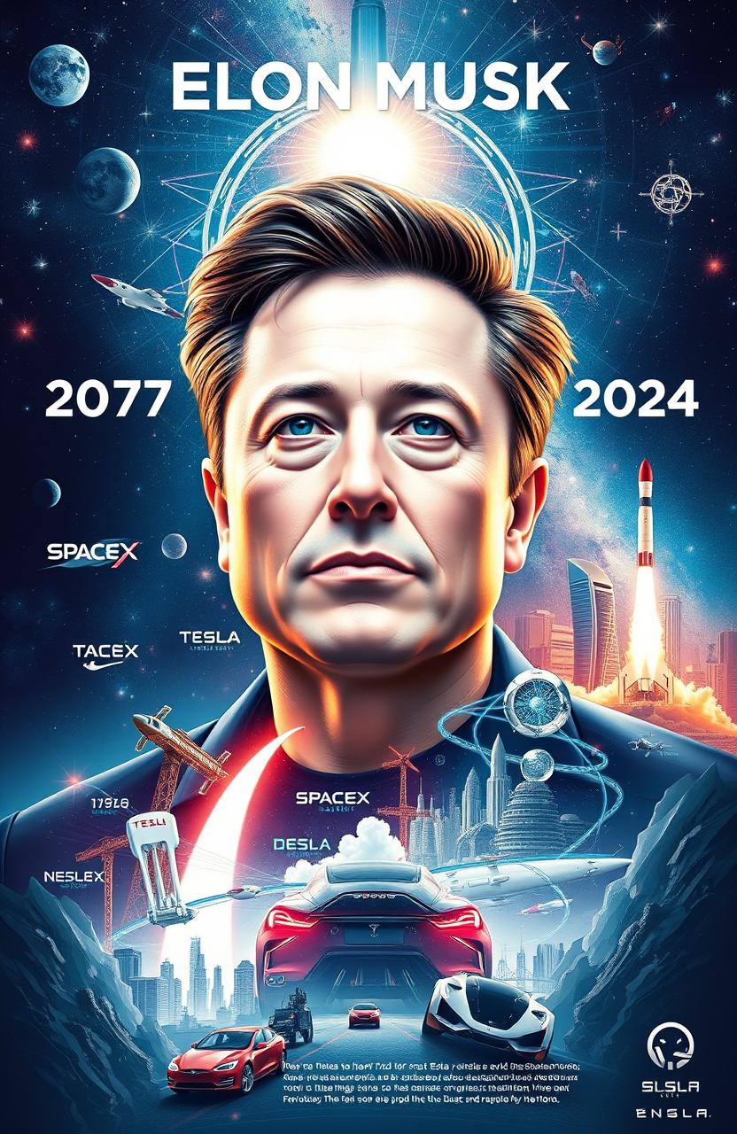 An inspiring depiction of Elon Musk, illustrating his journey from a visionary entrepreneur to a leading figure at the forefront of technology and innovation