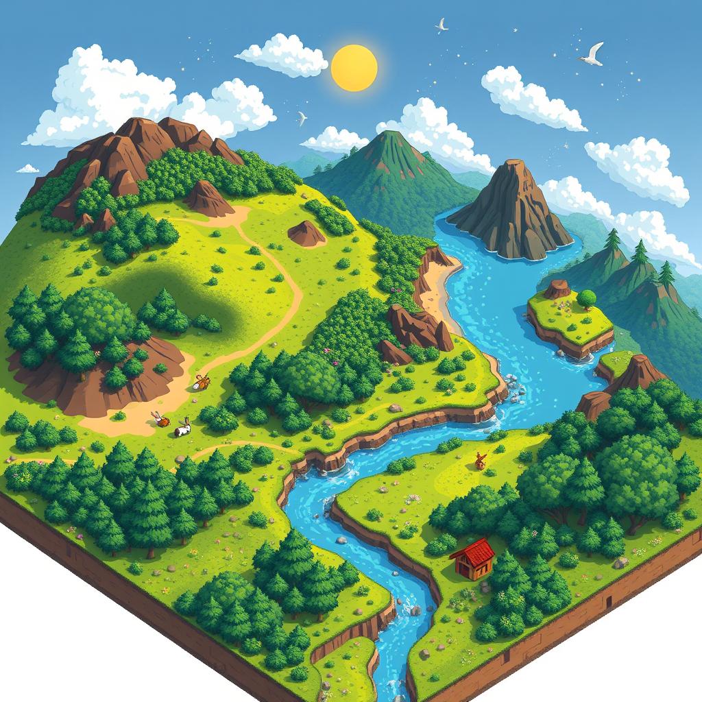 A detailed and colorful 2D pixel art terrain featuring a lush landscape with rolling hills, dense forests, and a winding river