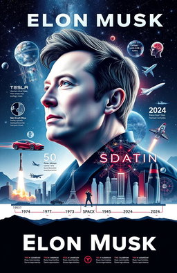 An inspiring depiction of Elon Musk, illustrating his journey from a visionary entrepreneur to a leading figure at the forefront of technology and innovation