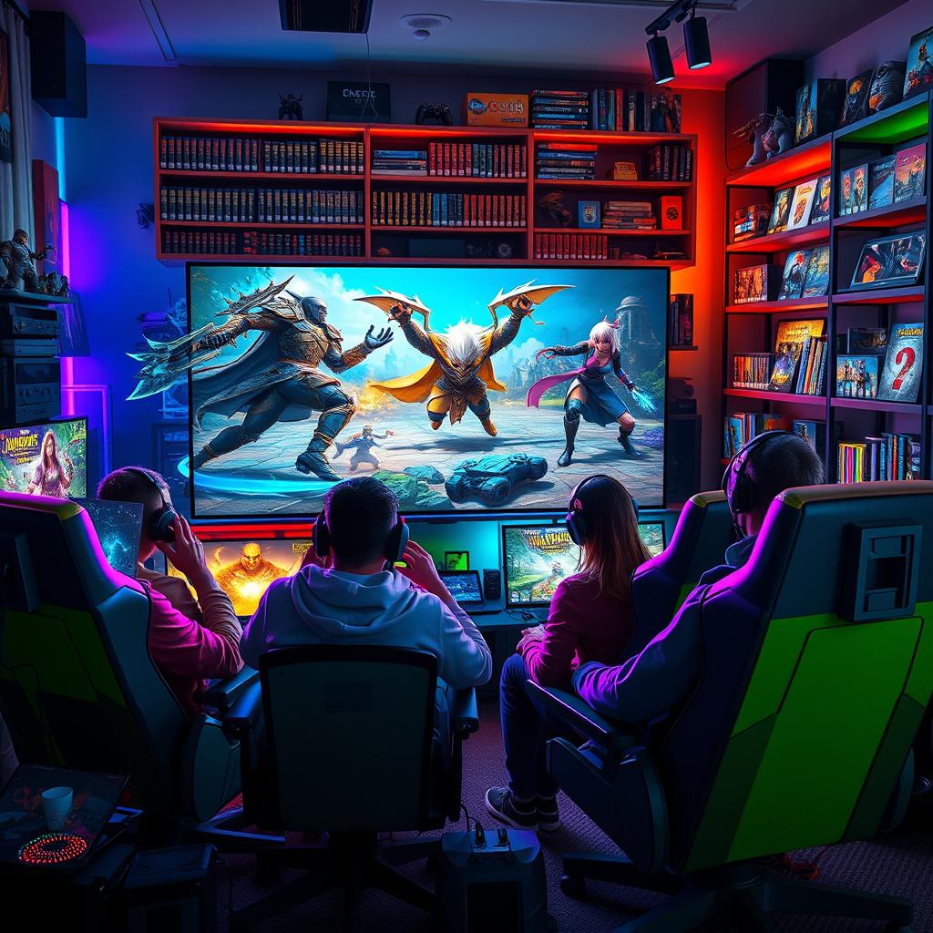 A vibrant and dynamic gaming scene featuring a group of diverse gamers intensely engaged in a multiplayer fantasy battle on a large screen
