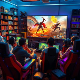 A vibrant and dynamic gaming scene featuring a group of diverse gamers intensely engaged in a multiplayer fantasy battle on a large screen