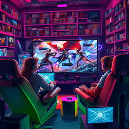 A vibrant and dynamic gaming scene featuring a group of diverse gamers intensely engaged in a multiplayer fantasy battle on a large screen