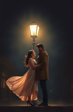 A man and a woman standing together under the soft glow of a vintage street light at night