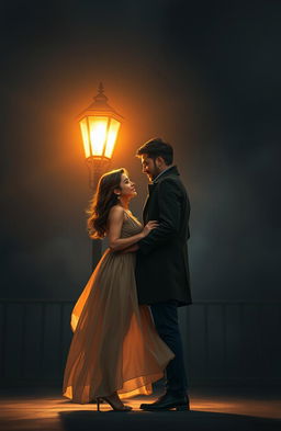A man and a woman standing together under the soft glow of a vintage street light at night