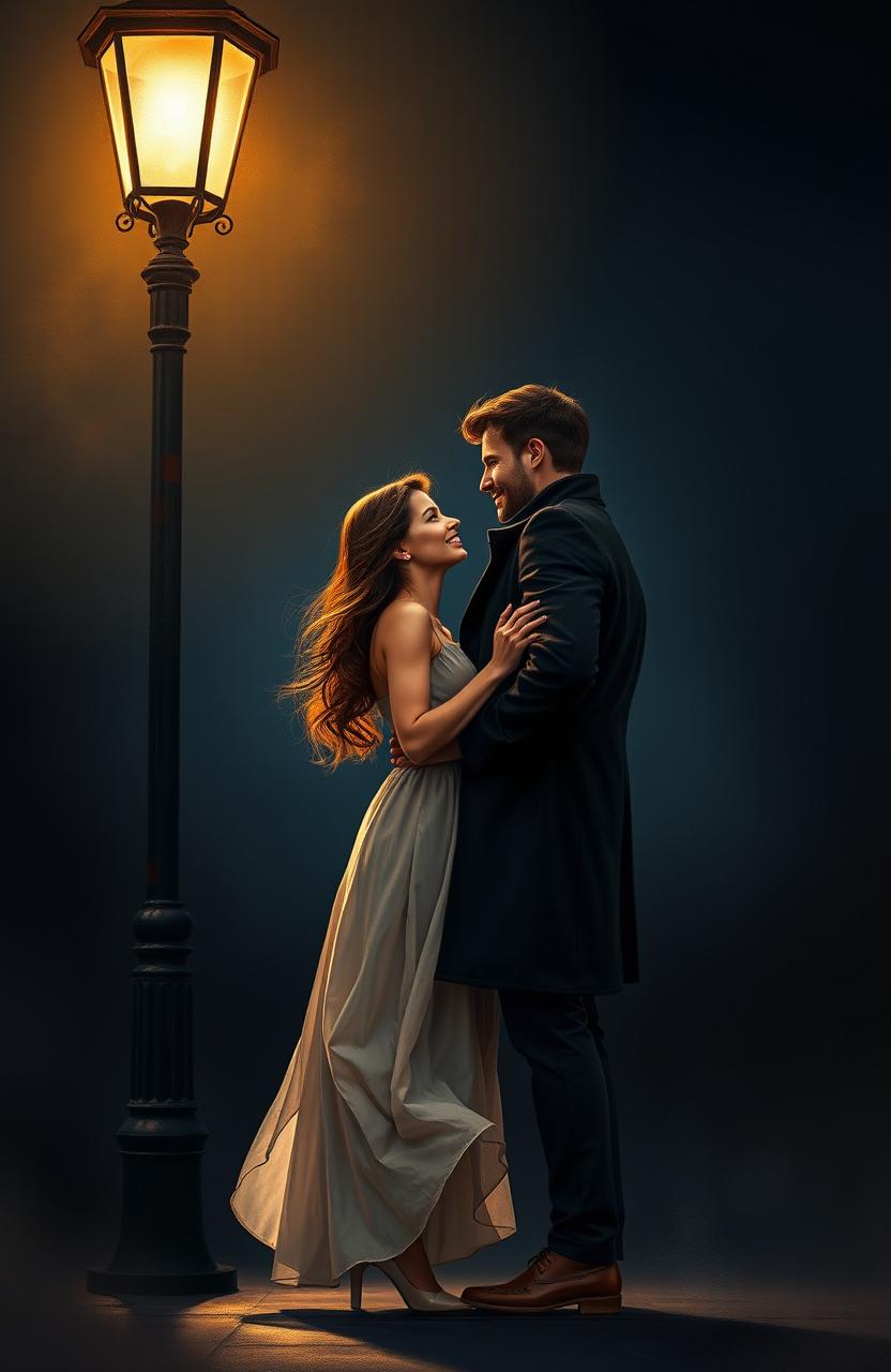 A man and a woman standing together under the soft glow of a vintage street light at night