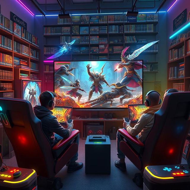 A vibrant and dynamic gaming scene featuring a group of diverse gamers intensely engaged in a multiplayer fantasy battle on a large screen