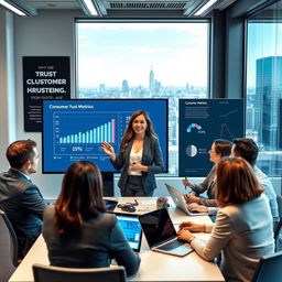 A professional and engaging digital marketing scene, depicting a diverse group of people in a modern office environment