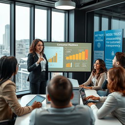 A professional and engaging digital marketing scene, depicting a diverse group of people in a modern office environment