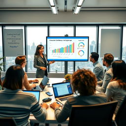 A professional and engaging digital marketing scene, depicting a diverse group of people in a modern office environment