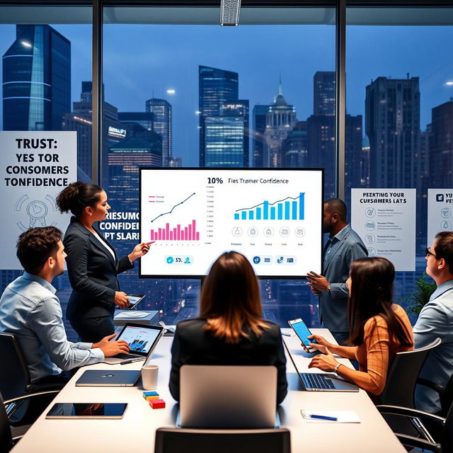 A professional and engaging digital marketing scene, depicting a diverse group of people in a modern office environment