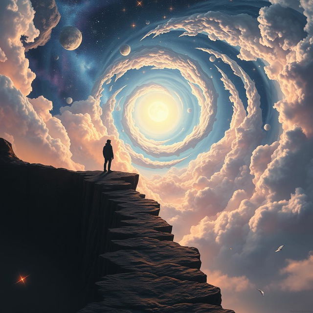 A lone figure standing at the edge of a surreal cliff or ancient, crumbling pathway, appearing small yet determined as they gaze up into a vast, spiraling sky filled with glowing celestial elements like bright stars, a radiant moon, and swirling cosmic clouds