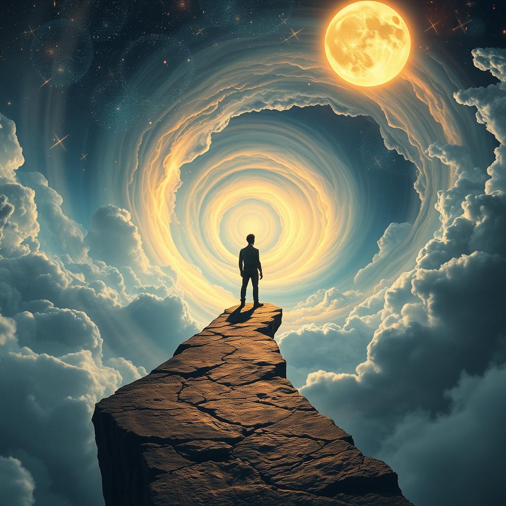 A lone figure standing at the edge of a surreal cliff or ancient, crumbling pathway, appearing small yet determined as they gaze up into a vast, spiraling sky filled with glowing celestial elements like bright stars, a radiant moon, and swirling cosmic clouds