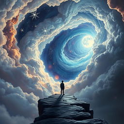 A lone figure standing at the edge of a surreal cliff or ancient, crumbling pathway, appearing small yet determined as they gaze up into a vast, spiraling sky filled with glowing celestial elements like bright stars, a radiant moon, and swirling cosmic clouds