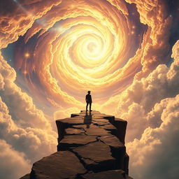 A lone figure standing at the edge of a surreal cliff or ancient, crumbling pathway, appearing small yet determined as they gaze up into a vast, spiraling sky filled with glowing celestial elements like bright stars, a radiant moon, and swirling cosmic clouds