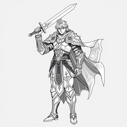 A hand-drawn, majestic human Paladin character in an anime style, illustrated in a striking greyscale color palette, tailored for thermal printing