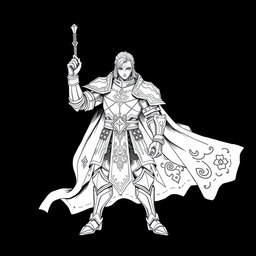 A hand-drawn, majestic human Paladin character in an anime style, illustrated in a striking greyscale color palette, tailored for thermal printing