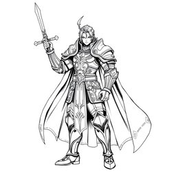 A hand-drawn, majestic human Paladin character in an anime style, illustrated in a striking greyscale color palette, tailored for thermal printing