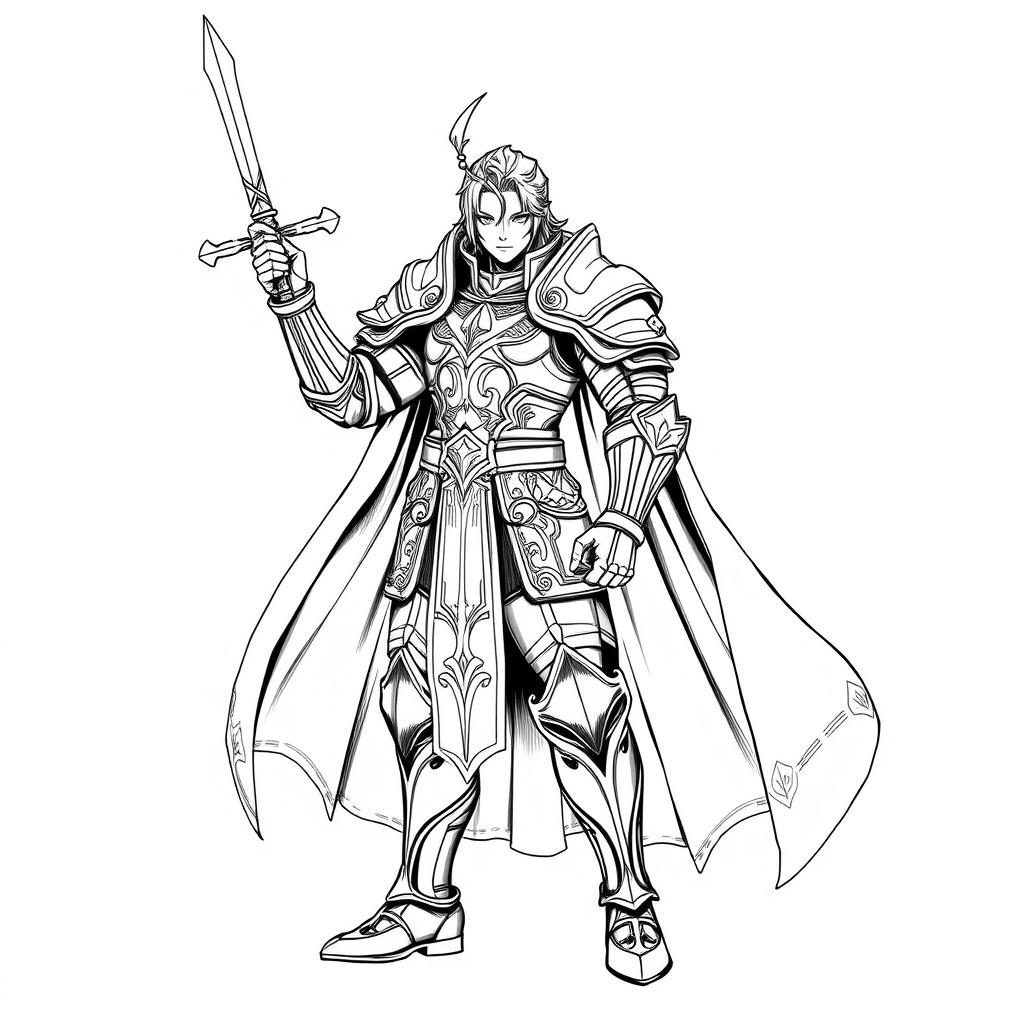 A hand-drawn, majestic human Paladin character in an anime style, illustrated in a striking greyscale color palette, tailored for thermal printing