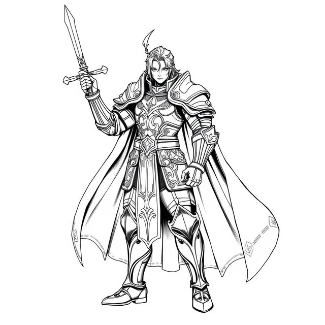 A hand-drawn, majestic human Paladin character in an anime style, illustrated in a striking greyscale color palette, tailored for thermal printing