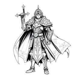 A hand-drawn, majestic human Paladin character in an anime style, illustrated in a striking greyscale color palette, tailored for thermal printing