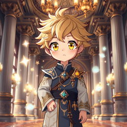 A cute anime boy with vibrant yellow eyes and soft wheat-colored hair, standing confidently in a lavish palace